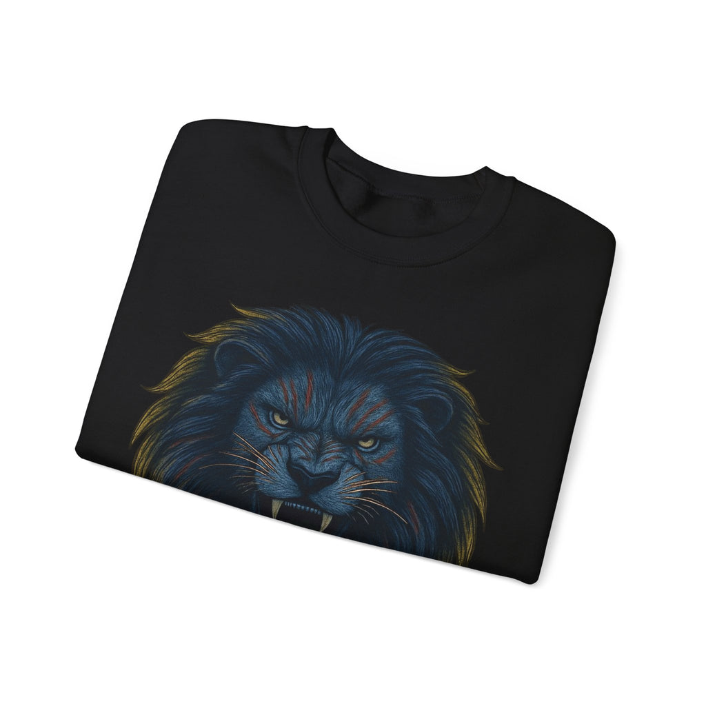 Crewneck Sweatshirt — Roaring Black Lion with Cross Graphic