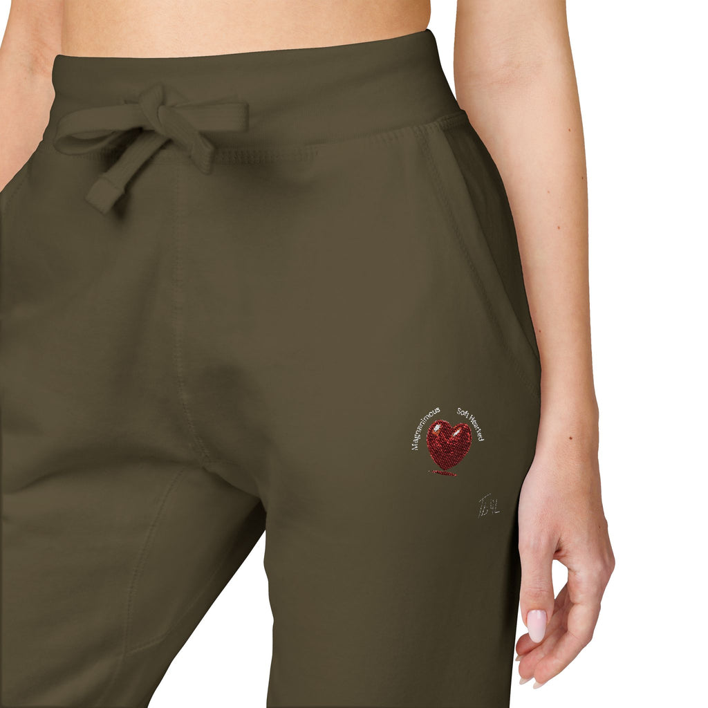 Embroidered Heart Olive Fleece Sweatpants