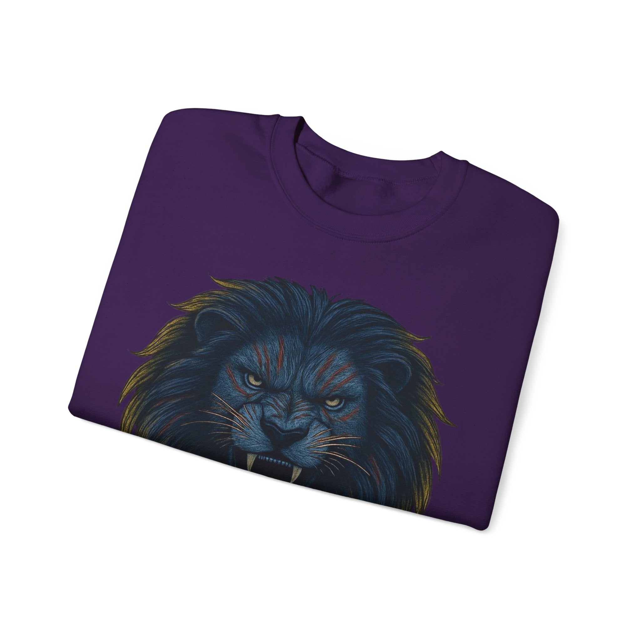 Crewneck Sweatshirt — Roaring Black Lion with Cross Graphic