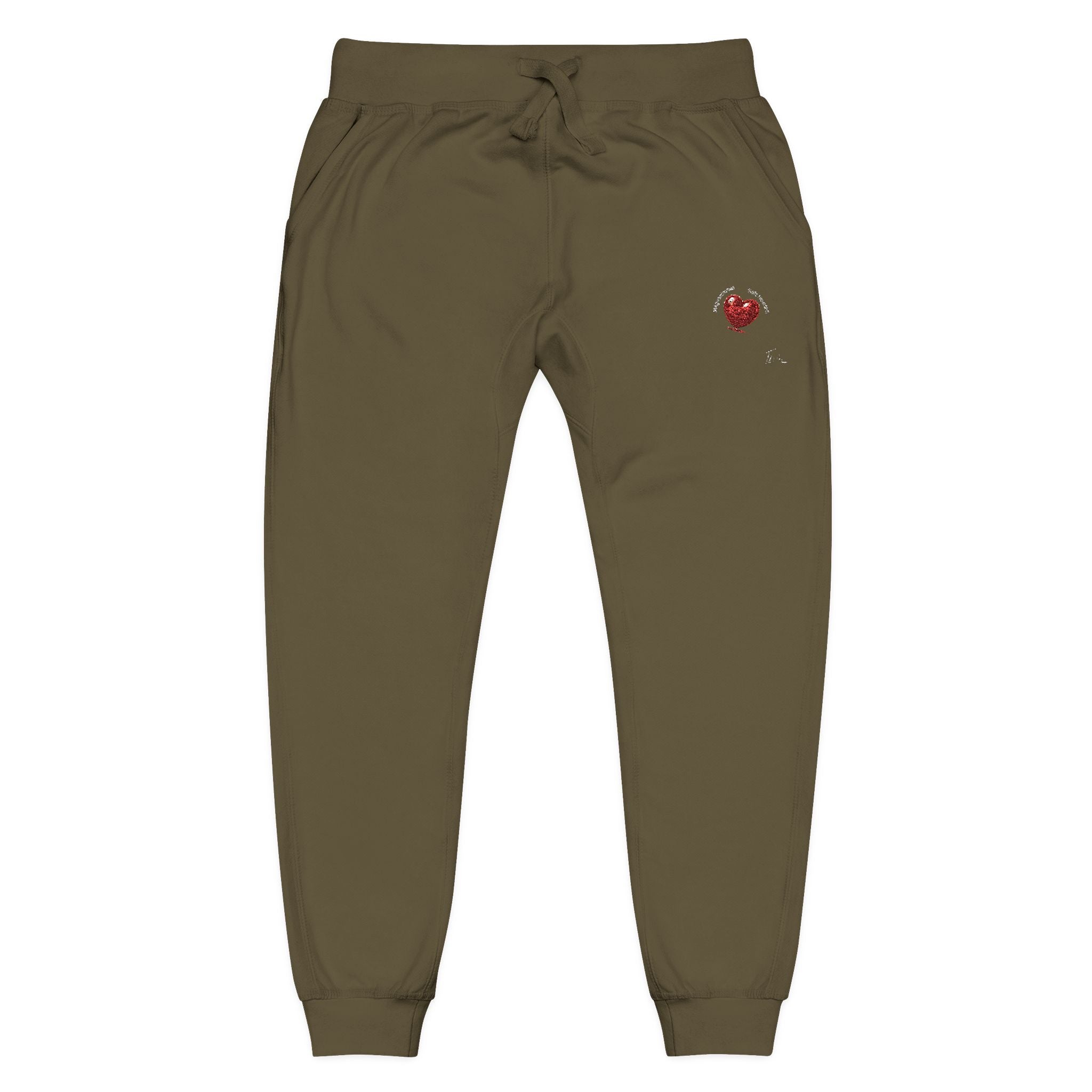 Embroidered Heart Olive Fleece Sweatpants