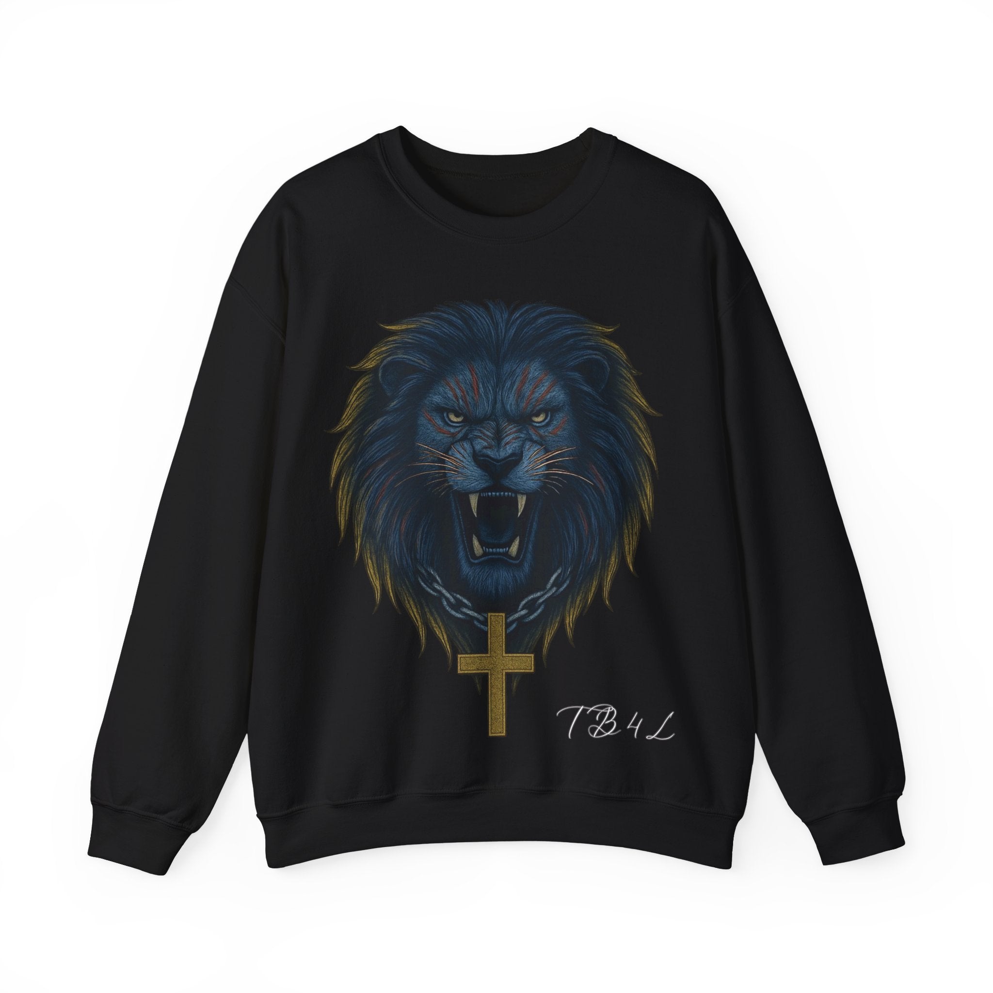 Crewneck Sweatshirt — Roaring Black Lion with Cross Graphic
