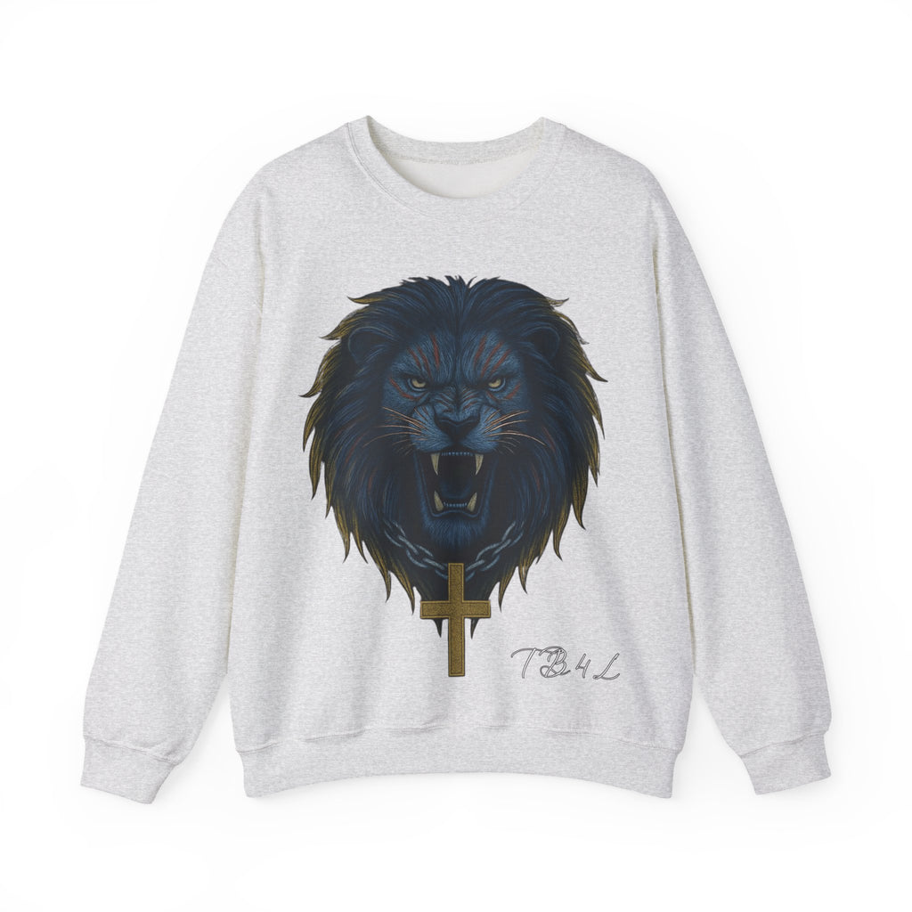 Crewneck Sweatshirt — Roaring Black Lion with Cross Graphic