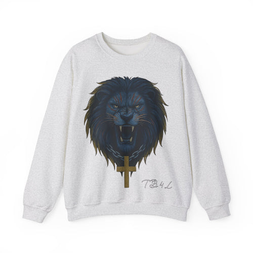 Crewneck Sweatshirt — Roaring Black Lion with Cross Graphic