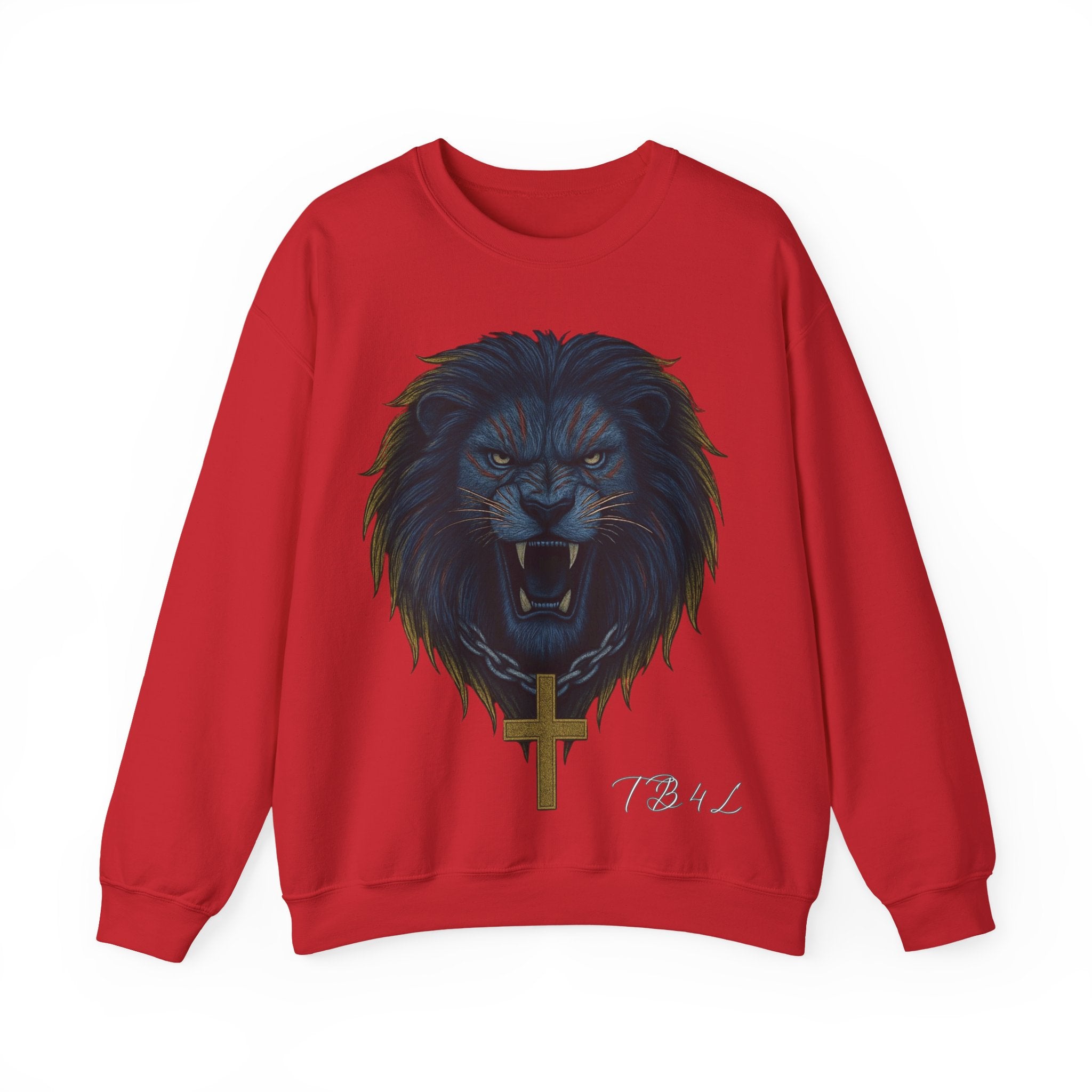 Crewneck Sweatshirt — Roaring Black Lion with Cross Graphic